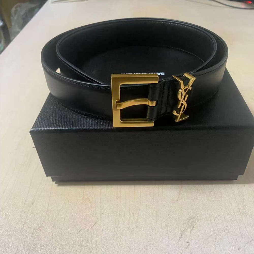 YSL Saint Laurent Logo Belt Black Leather Style 34in